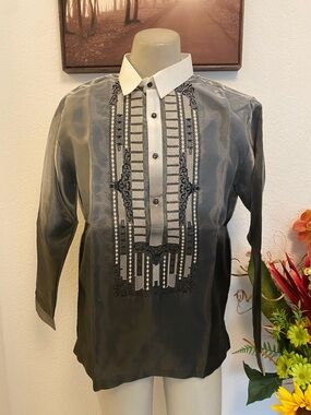 Men's Long-Sleeve Satin Dress Shirt with Embroidered Placket - Gray Black